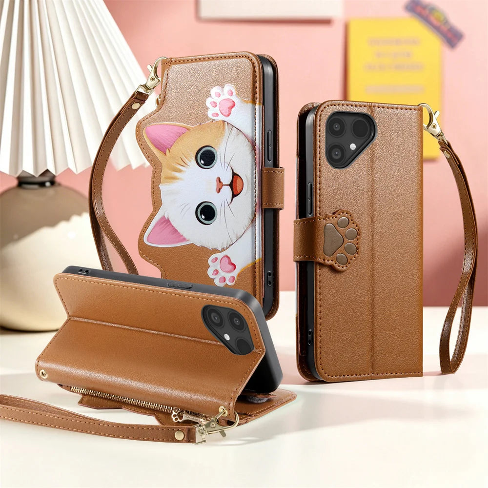 For Fairphone 5 Case Cute Cat Pattern PU Leather Wallet Phone Cover with Wrist Strap - Brown - 6