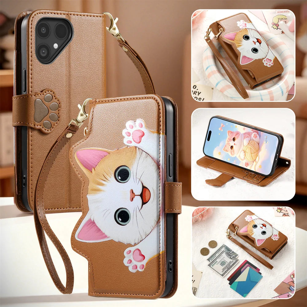 For Fairphone 5 Case Cute Cat Pattern PU Leather Wallet Phone Cover with Wrist Strap - Brown - 7
