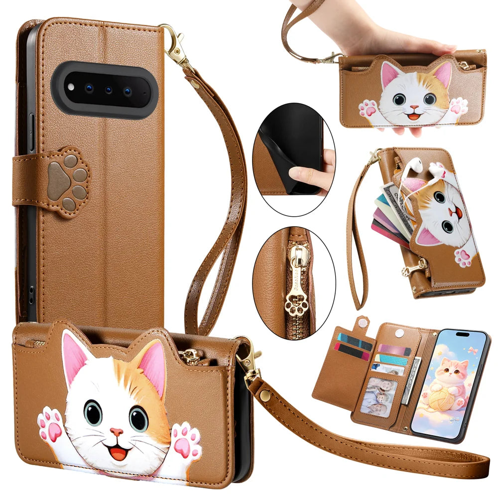 For Natural AI Phone Case Cute Cat Pattern PU Leather Wallet Phone Cover with Wrist Strap - Brown - 1