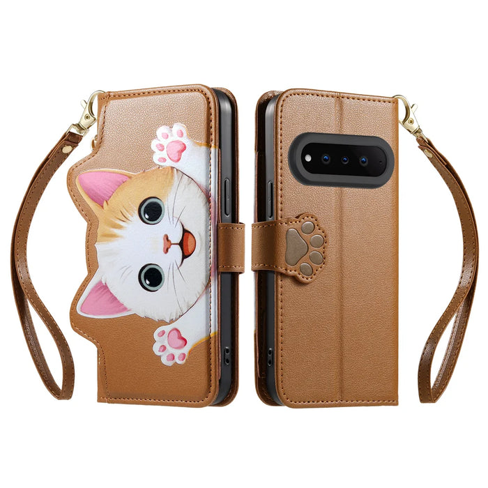 For Natural AI Phone Case Cute Cat Pattern PU Leather Wallet Phone Cover with Wrist Strap - Brown - 2