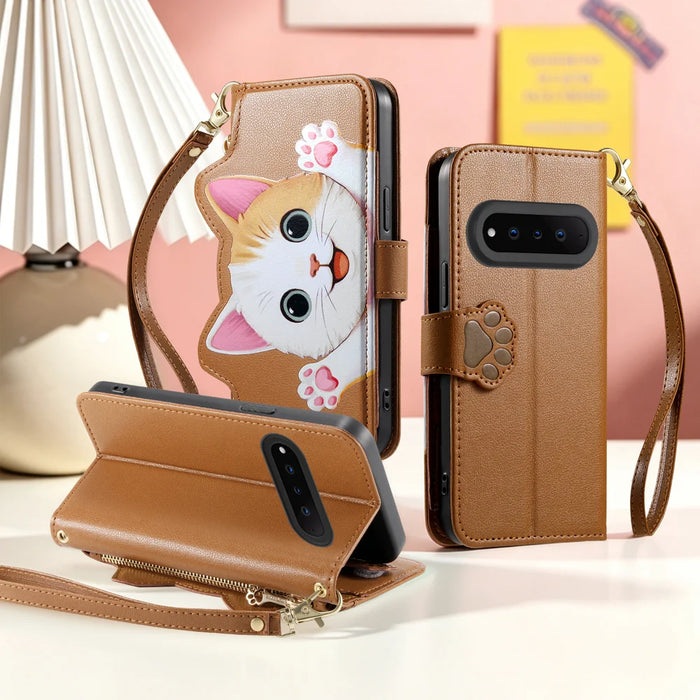 For Natural AI Phone Case Cute Cat Pattern PU Leather Wallet Phone Cover with Wrist Strap - Brown - 4