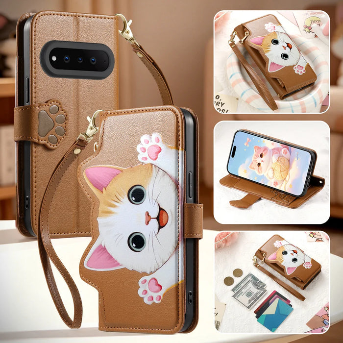 For Natural AI Phone Case Cute Cat Pattern PU Leather Wallet Phone Cover with Wrist Strap - Brown - 5