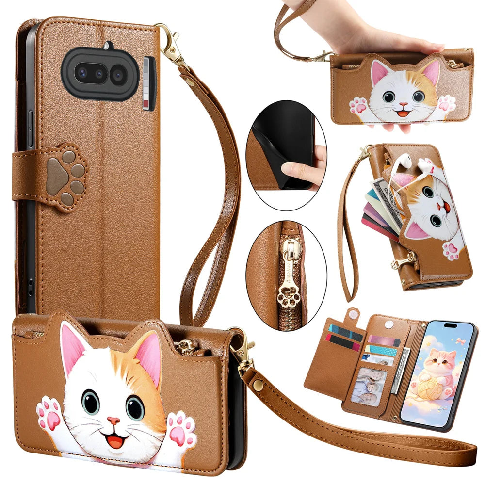 For Nothing Phone (4a) Case Cute Cat Pattern PU Leather Wallet Phone Cover with Wrist Strap - Brown - 1