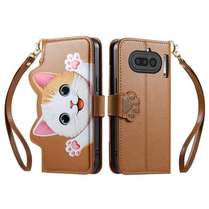 For Nothing Phone (4a) Case Cute Cat Pattern PU Leather Wallet Phone Cover with Wrist Strap - Brown - 2