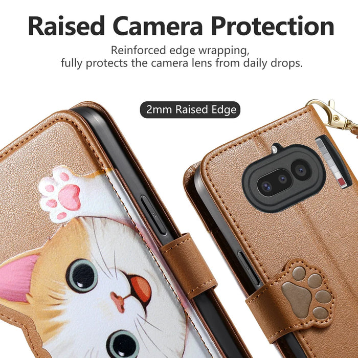 For Nothing Phone (4a) Case Cute Cat Pattern PU Leather Wallet Phone Cover with Wrist Strap - Brown - 5