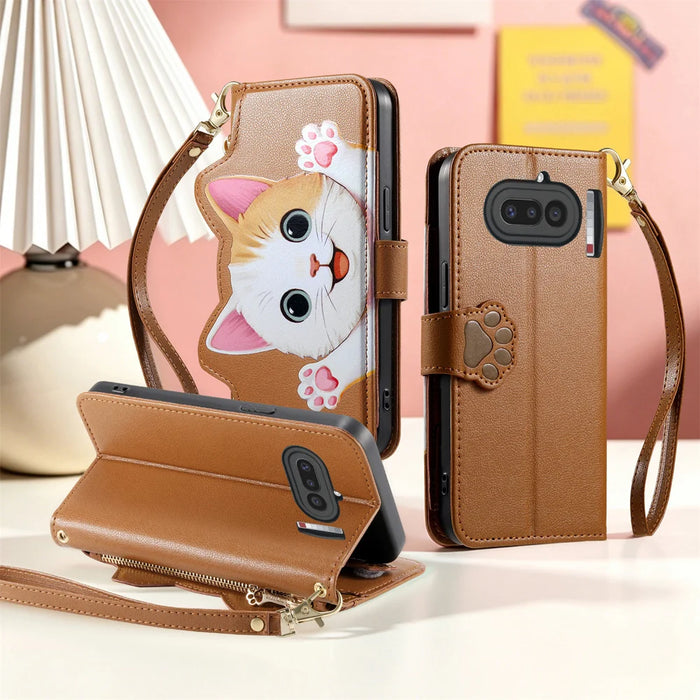 For Nothing Phone (4a) Case Cute Cat Pattern PU Leather Wallet Phone Cover with Wrist Strap - Brown - 6