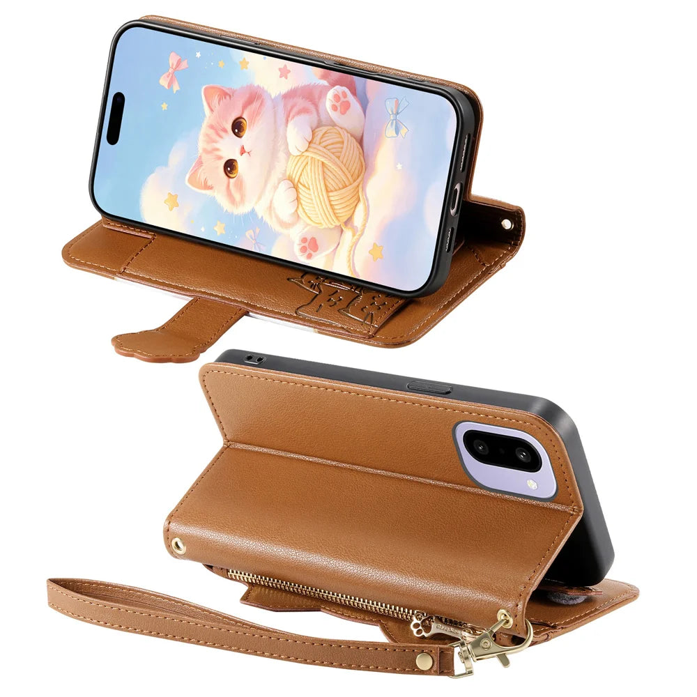 For OnePlus Ace 6 5G / OnePlus Ace 6T 5G / OnePlus 15R 5G Case Cute Cat Pattern PU Leather Wallet Phone Cover with Wrist Strap - Brown - 3