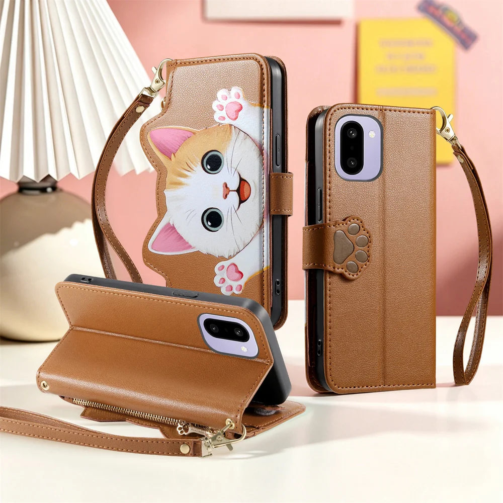 For OnePlus Ace 6 5G / OnePlus Ace 6T 5G / OnePlus 15R 5G Case Cute Cat Pattern PU Leather Wallet Phone Cover with Wrist Strap - Brown - 6
