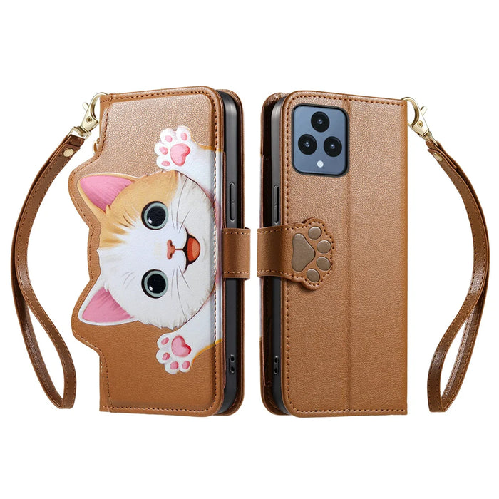 For T-Mobile REVVL 6 5G Case Cute Cat Pattern PU Leather Wallet Phone Cover with Wrist Strap - Brown - 2
