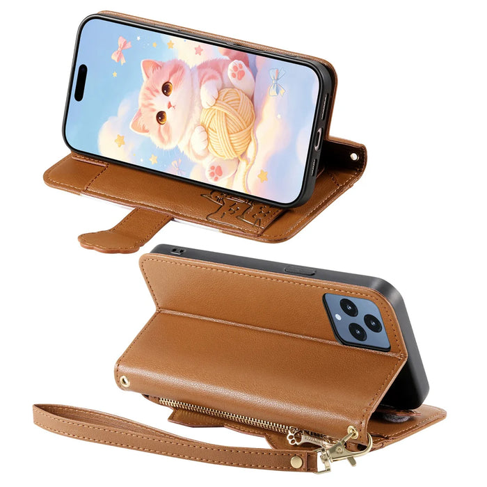 For T-Mobile REVVL 6 5G Case Cute Cat Pattern PU Leather Wallet Phone Cover with Wrist Strap - Brown - 3
