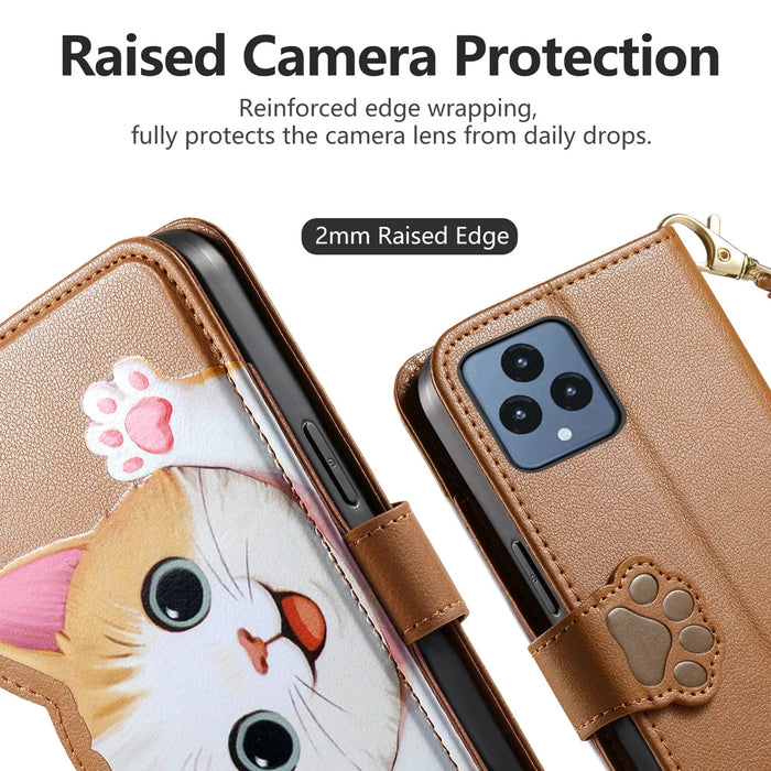 For T-Mobile REVVL 6 5G Case Cute Cat Pattern PU Leather Wallet Phone Cover with Wrist Strap - Brown - 5