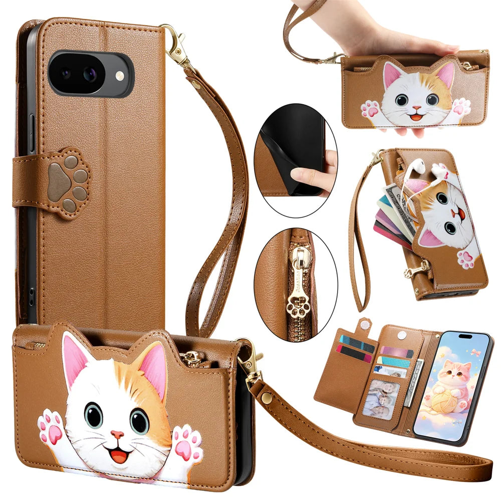 For Google Pixel 10a Case Cute Cat Pattern PU Leather Wallet Phone Cover with Wrist Strap - Brown - 1