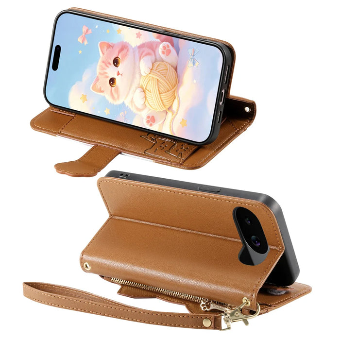 For Google Pixel 10a Case Cute Cat Pattern PU Leather Wallet Phone Cover with Wrist Strap - Brown - 3