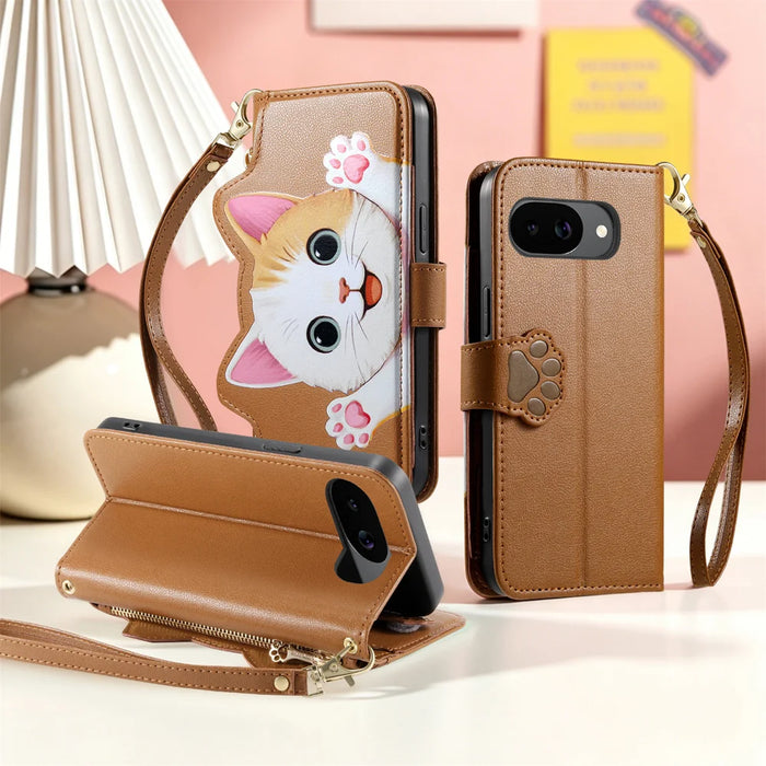 For Google Pixel 10a Case Cute Cat Pattern PU Leather Wallet Phone Cover with Wrist Strap - Brown - 4