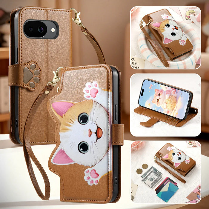For Google Pixel 10a Case Cute Cat Pattern PU Leather Wallet Phone Cover with Wrist Strap - Brown - 5