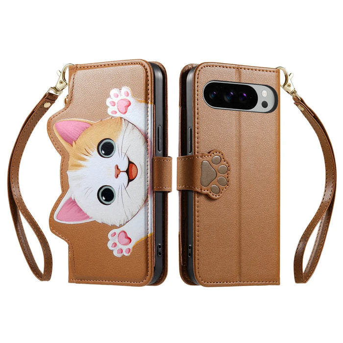For Google Pixel 10 / Google Pixel 9 Pro / Google Pixel 9 / Google Pixel 10 Pro Case Cute Cat Pattern PU Leather Wallet Phone Cover with Wrist Strap - Brown - 2