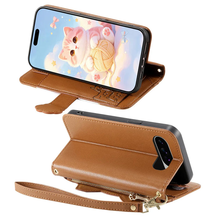 For Google Pixel 10 / Google Pixel 9 Pro / Google Pixel 9 / Google Pixel 10 Pro Case Cute Cat Pattern PU Leather Wallet Phone Cover with Wrist Strap - Brown - 3