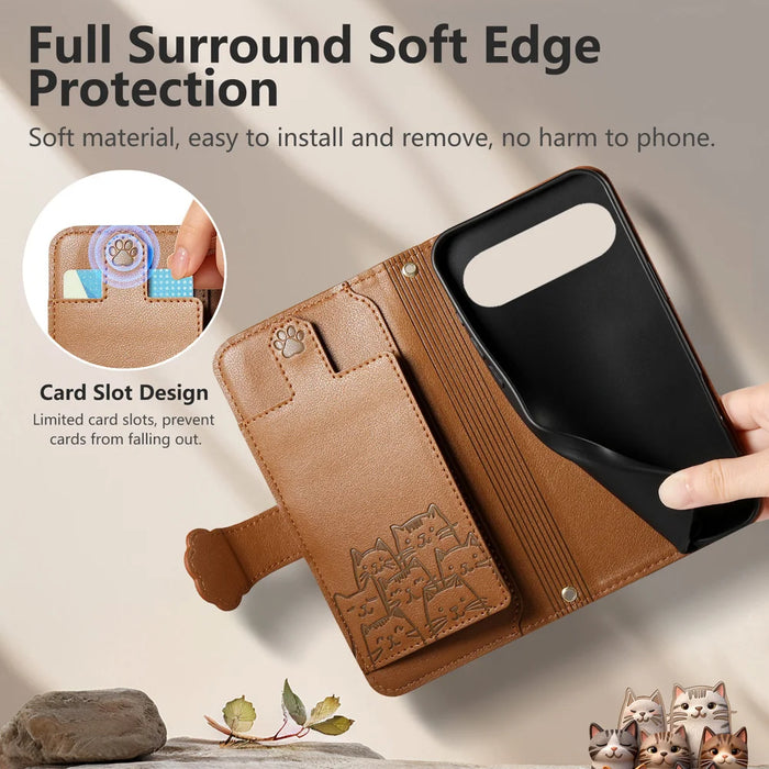 For Google Pixel 10 / Google Pixel 9 Pro / Google Pixel 9 / Google Pixel 10 Pro Case Cute Cat Pattern PU Leather Wallet Phone Cover with Wrist Strap - Brown - 4