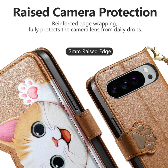 For Google Pixel 10 / Google Pixel 9 Pro / Google Pixel 9 / Google Pixel 10 Pro Case Cute Cat Pattern PU Leather Wallet Phone Cover with Wrist Strap - Brown - 5