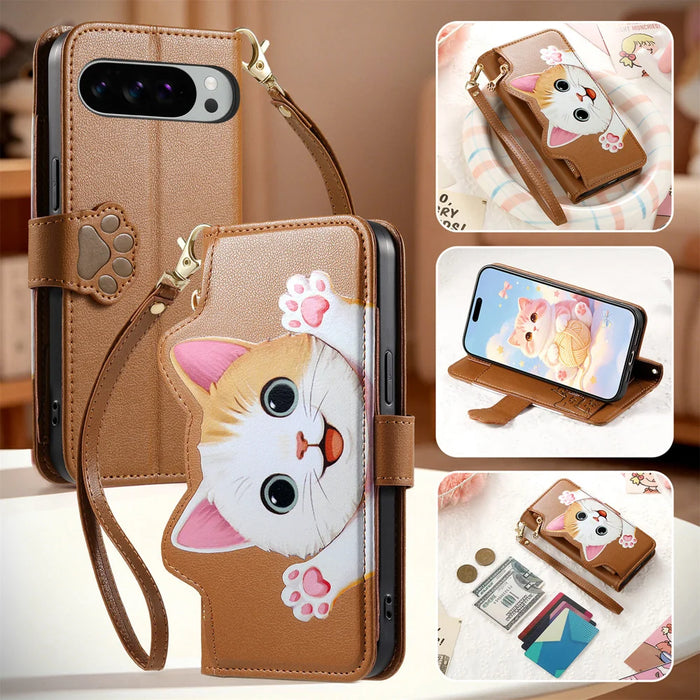 For Google Pixel 9 Pro XL / Google Pixel 10 Pro XL Case Cute Cat Pattern PU Leather Wallet Phone Cover with Wrist Strap - Brown - 7