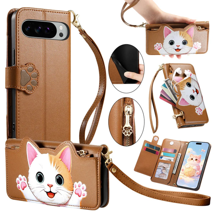 For Google Pixel 11 Pro XL Case Cute Cat Pattern PU Leather Wallet Phone Cover with Wrist Strap - Brown - 1