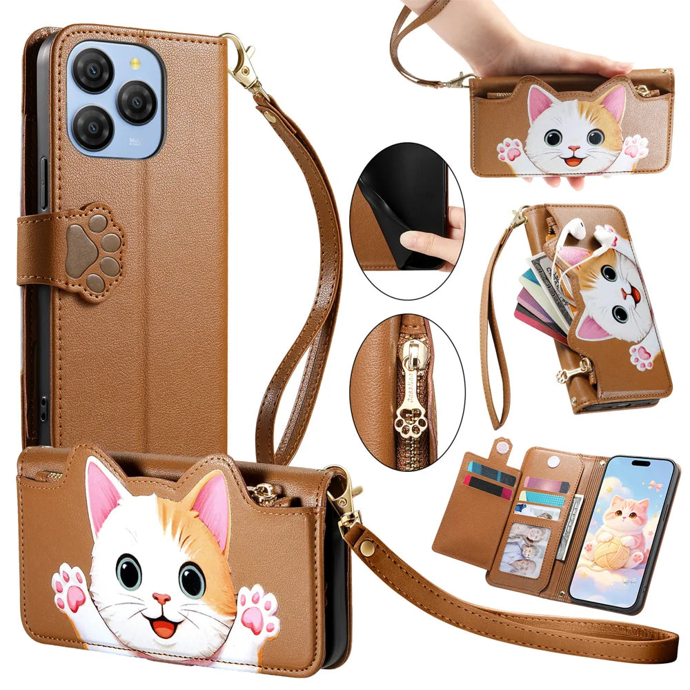 For Blackview Shark 9 5G Case Cute Cat Pattern PU Leather Wallet Phone Cover with Wrist Strap - Brown - 1