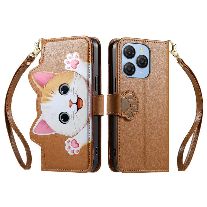 For Blackview Shark 9 5G Case Cute Cat Pattern PU Leather Wallet Phone Cover with Wrist Strap - Brown - 2