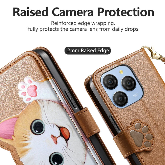For Blackview Shark 9 5G Case Cute Cat Pattern PU Leather Wallet Phone Cover with Wrist Strap - Brown - 5