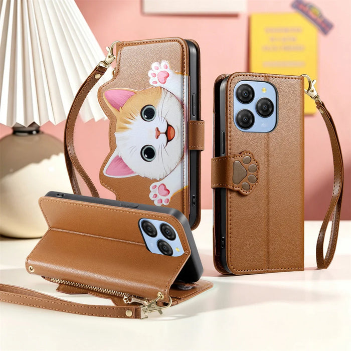 For Blackview Shark 9 5G Case Cute Cat Pattern PU Leather Wallet Phone Cover with Wrist Strap - Brown - 6