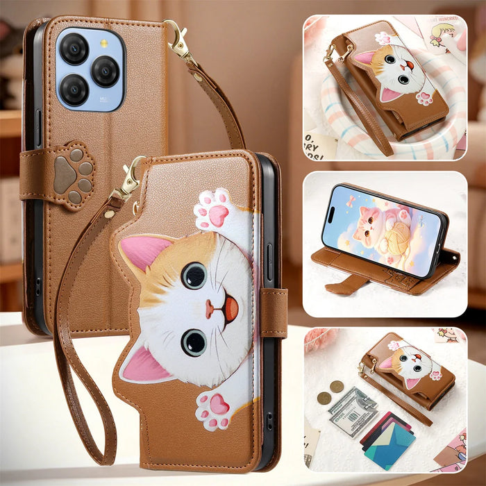 For Blackview Shark 9 5G Case Cute Cat Pattern PU Leather Wallet Phone Cover with Wrist Strap - Brown - 7