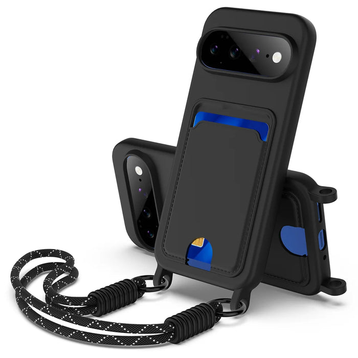 For Google Pixel 11 Pro XL Liquid Silicone Case  Phone Back Cover with Card Holder and Short Strap - Black - 1