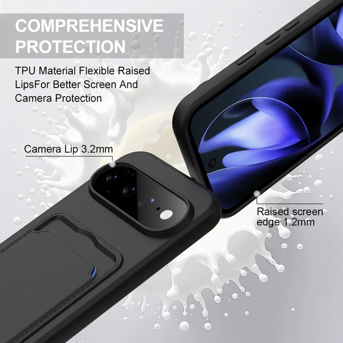 For Google Pixel 11 Pro XL Liquid Silicone Case  Phone Back Cover with Card Holder and Short Strap - Black - 7