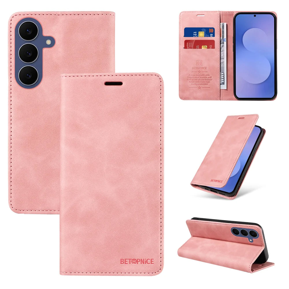 BETOPNICE for Samsung Galaxy S26 FE Case  Magnetic Closure RFID Blocking Wallet Stand Leather Phone Cover - Pink - 3