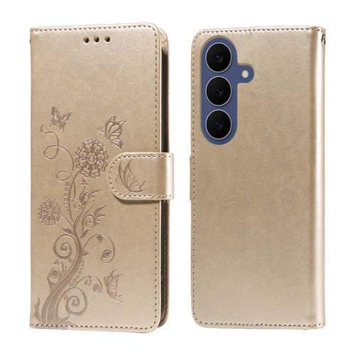 For Samsung Galaxy S26 FE Leather Case Butterfly Floral Imprint Wallet Stand Cover - Golden - 1
