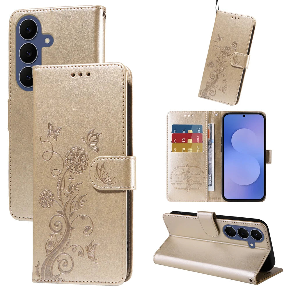 For Samsung Galaxy S26 FE Leather Case Butterfly Floral Imprint Wallet Stand Cover - Golden - 2
