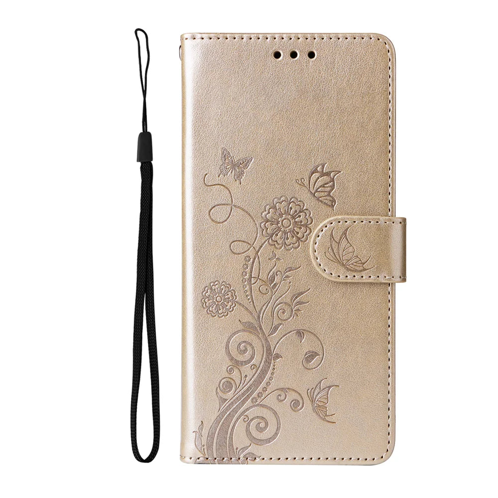 For Samsung Galaxy S26 FE Leather Case Butterfly Floral Imprint Wallet Stand Cover - Golden - 3