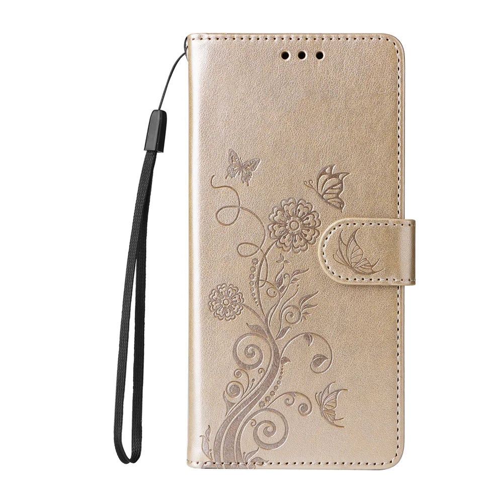 For Samsung Galaxy S26 FE Leather Case Butterfly Floral Imprint Wallet Stand Cover - Golden - 4