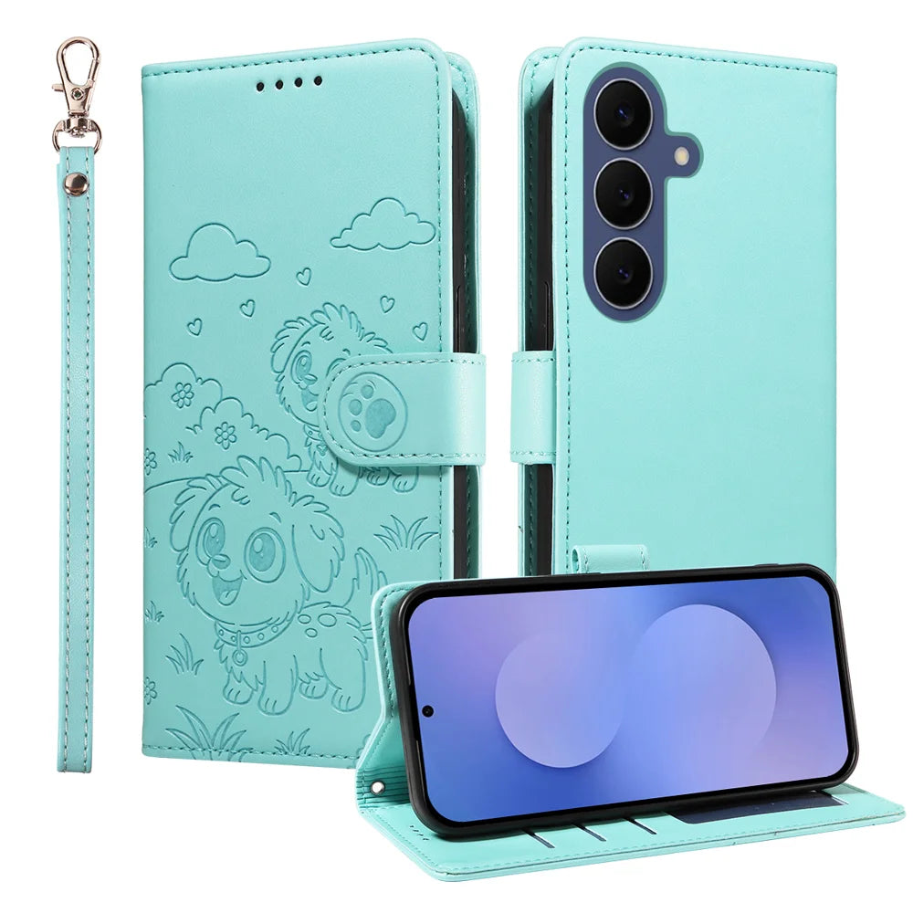 For Samsung Galaxy S26 FE Case RFID Blocking Imprinted Dog Pattern PU Leather Phone Cover with Wrist Strap - Green - 1