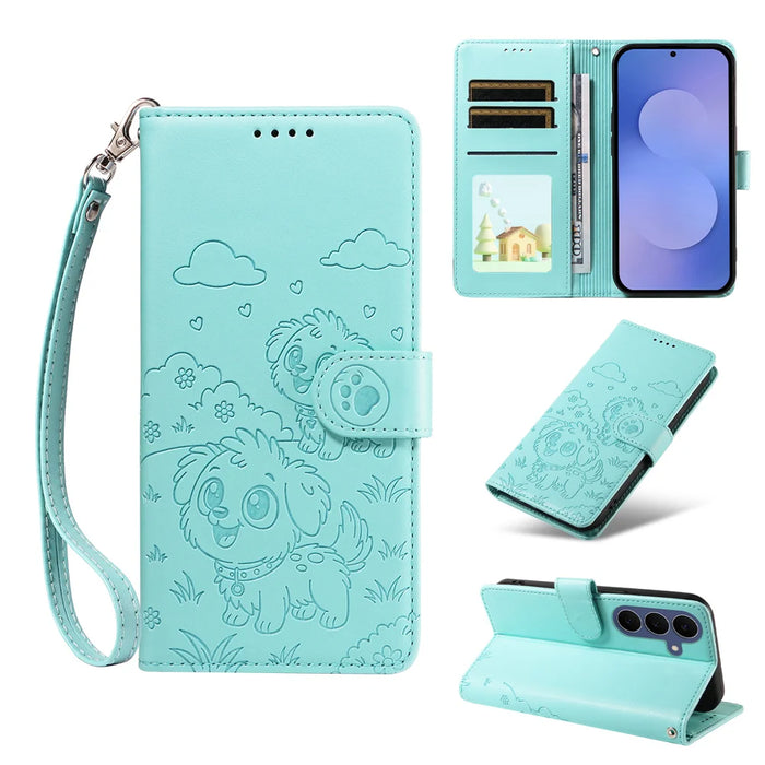 For Samsung Galaxy S26 FE Case RFID Blocking Imprinted Dog Pattern PU Leather Phone Cover with Wrist Strap - Green - 2