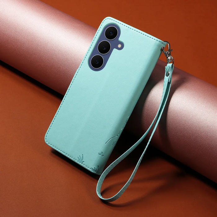 For Samsung Galaxy S26 FE Case RFID Blocking Imprinted Dog Pattern PU Leather Phone Cover with Wrist Strap - Green - 3