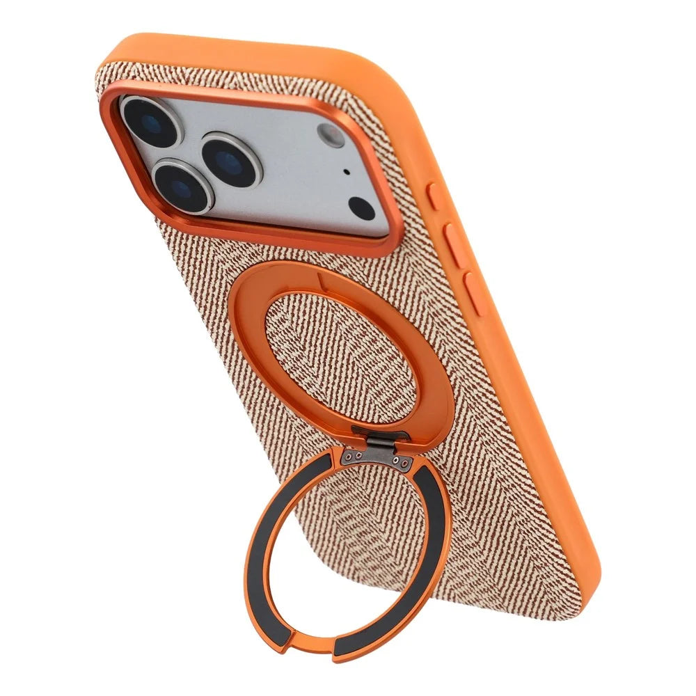 X-LEVEL for iPhone 17 Pro Magnetic Case Rotating Kickstand Fabric Textured Leather + PC + TPU Phone Cover - Orange - 3
