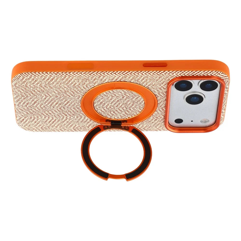 X-LEVEL for iPhone 17 Pro Magnetic Case Rotating Kickstand Fabric Textured Leather + PC + TPU Phone Cover - Orange - 4