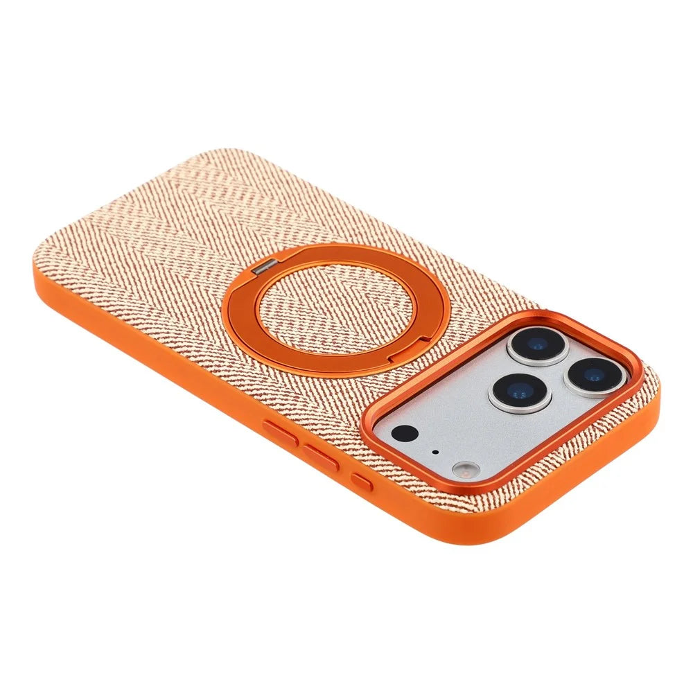 X-LEVEL for iPhone 17 Pro Magnetic Case Rotating Kickstand Fabric Textured Leather + PC + TPU Phone Cover - Orange - 6