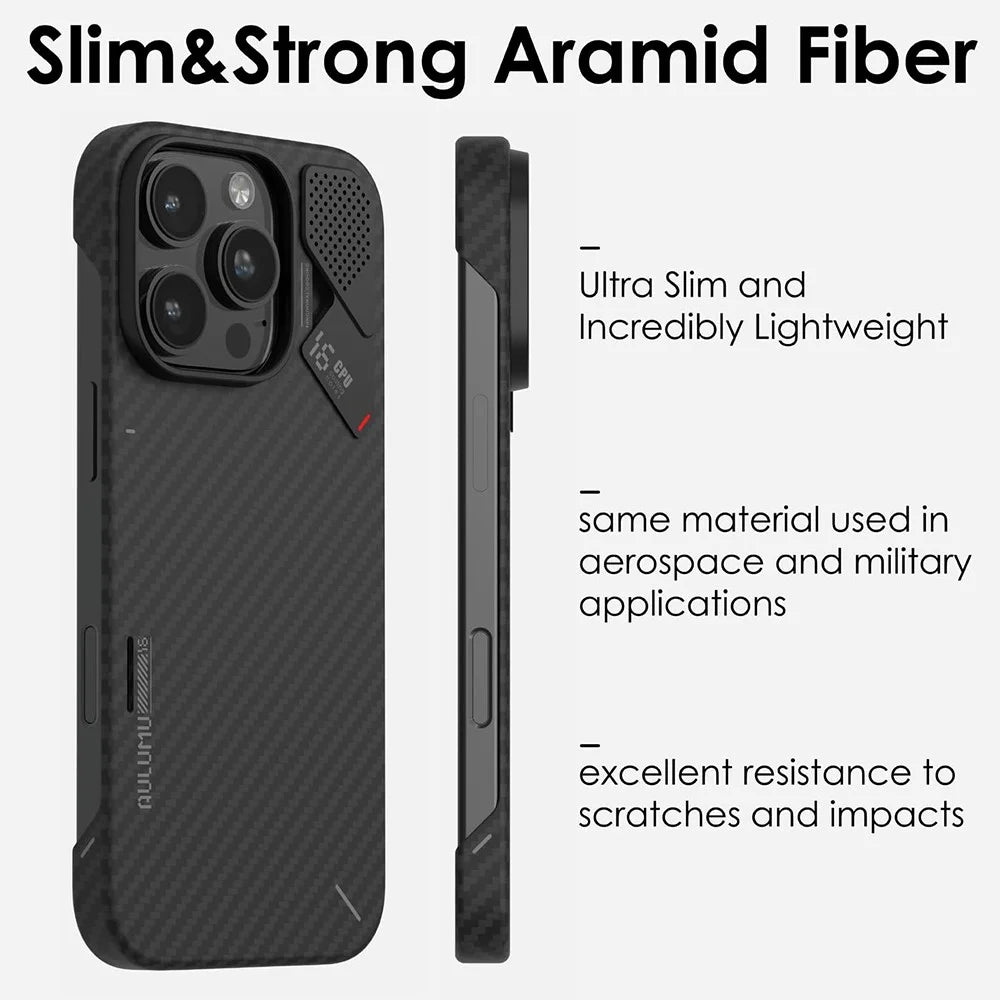 AULUMU For iPhone 16 Pro Aramid Fiber Case Ultra Thin Magnetic Phone Cover with Real-Time Temperature Monitoring - Black - 3