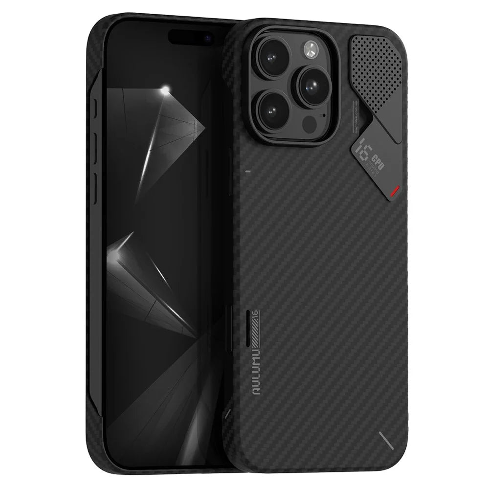 AULUMU For iPhone 16 Pro Max Aramid Fiber Case Ultra Thin Magnetic Phone Cover with Real-Time Temperature Monitoring - Black - 1