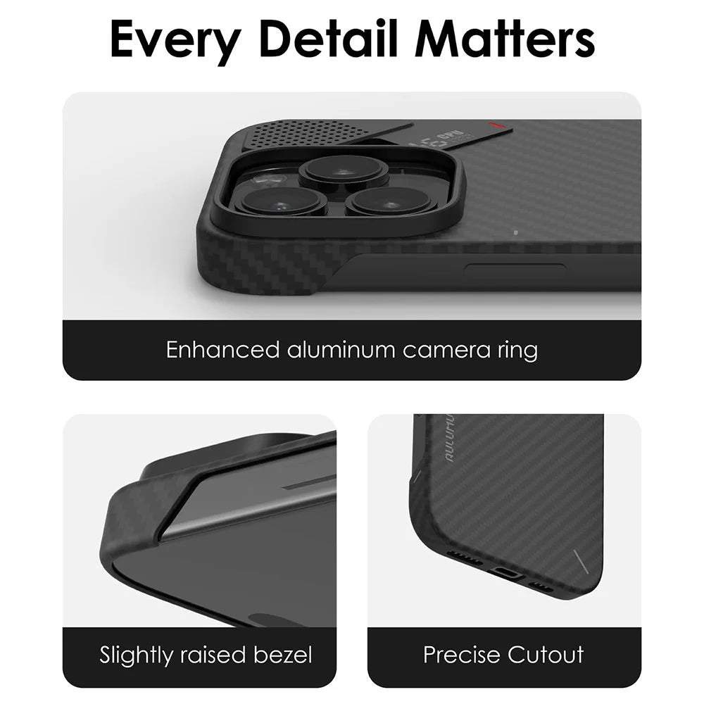 AULUMU For iPhone 16 Pro Max Aramid Fiber Case Ultra Thin Magnetic Phone Cover with Real-Time Temperature Monitoring - Black - 6
