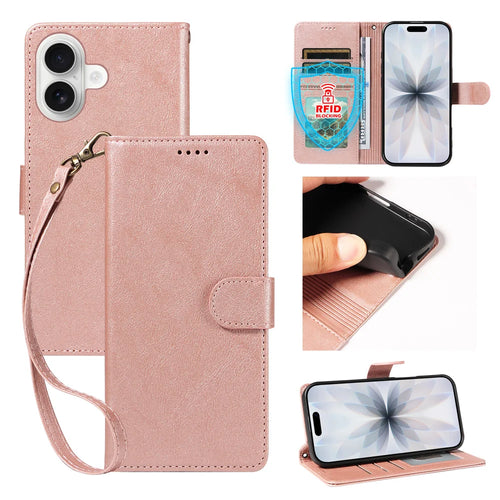 For iPhone 18 / iPhone 17 Case with Wrist Strap RFID Blocking Wallet Cowhide Texture Leather Phone Cover - Rose Gold - 1