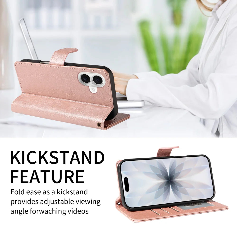 For iPhone 18 / iPhone 17 Case with Wrist Strap RFID Blocking Wallet Cowhide Texture Leather Phone Cover - Rose Gold - 2