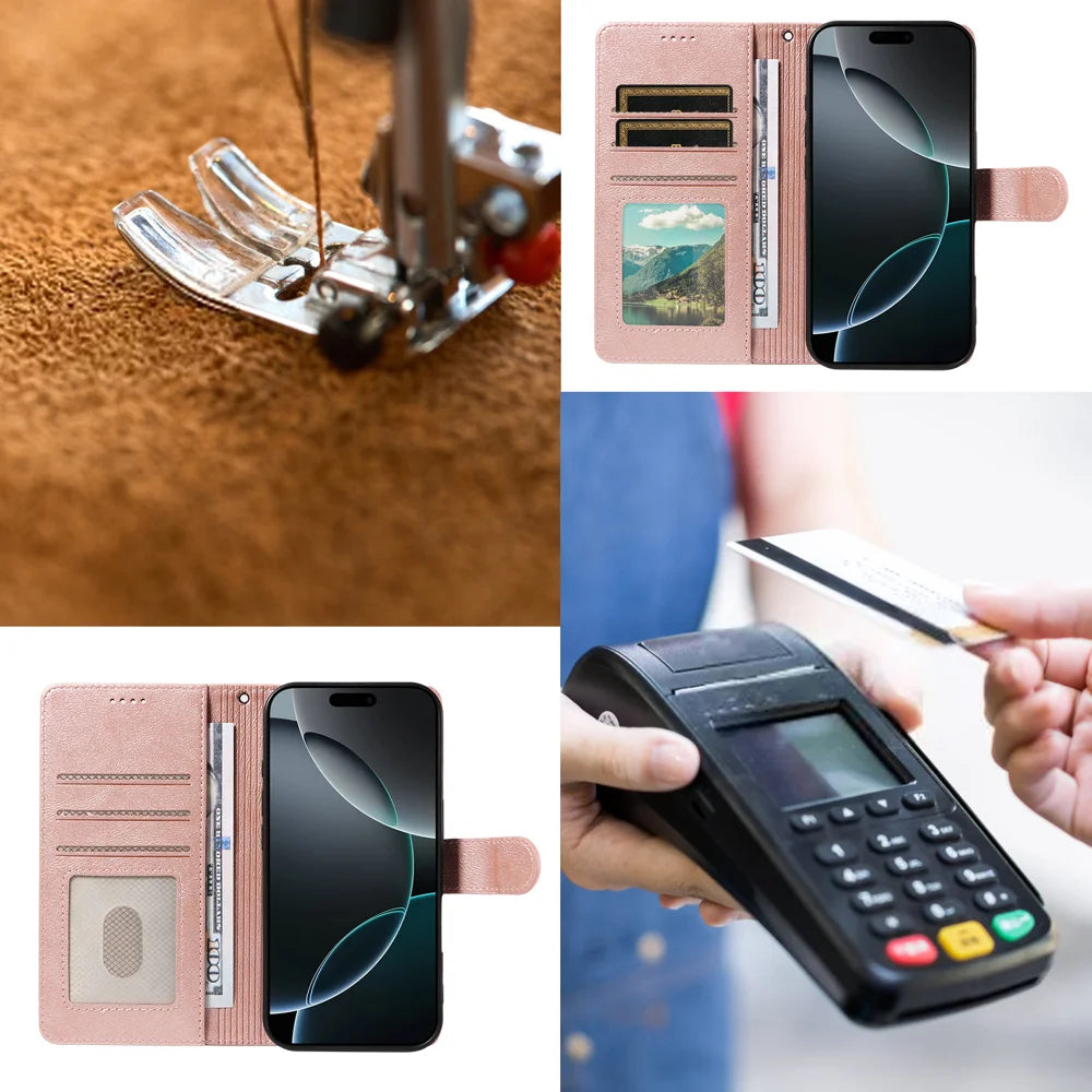 For iPhone 18 / iPhone 17 Case with Wrist Strap RFID Blocking Wallet Cowhide Texture Leather Phone Cover - Rose Gold - 7