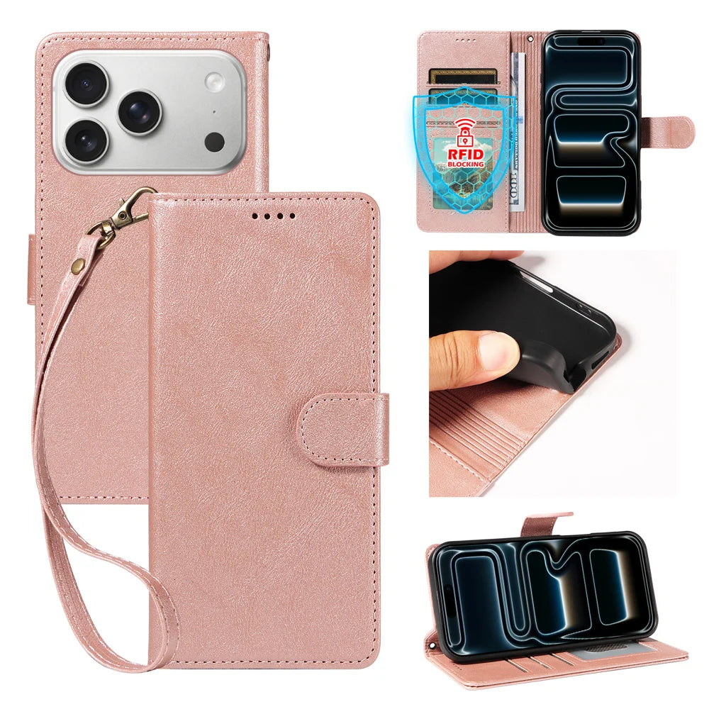 For iPhone 18 Pro / iPhone 17 Pro Case with Wrist Strap RFID Blocking Wallet Cowhide Texture Leather Phone Cover - Rose Gold - 1